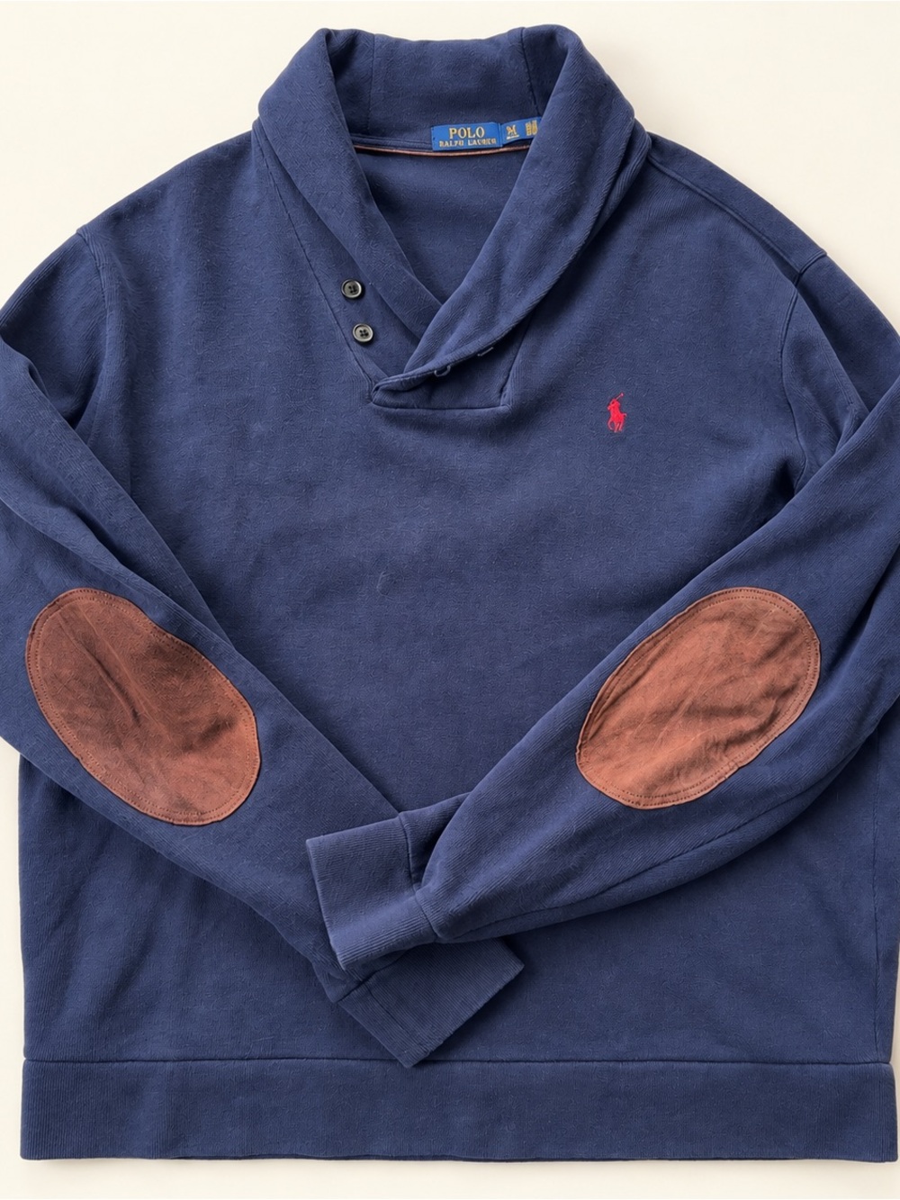 Polo by Ralph Lauren Navy Shawl-Collar Sweatshirt with Brown Elbow Patches